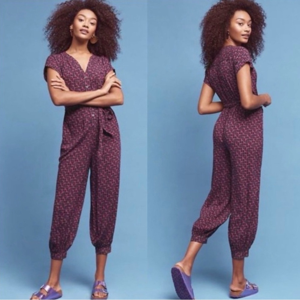 Maeve Purple Geometric Button-Front Jumpsuit with Self-Tie Waist